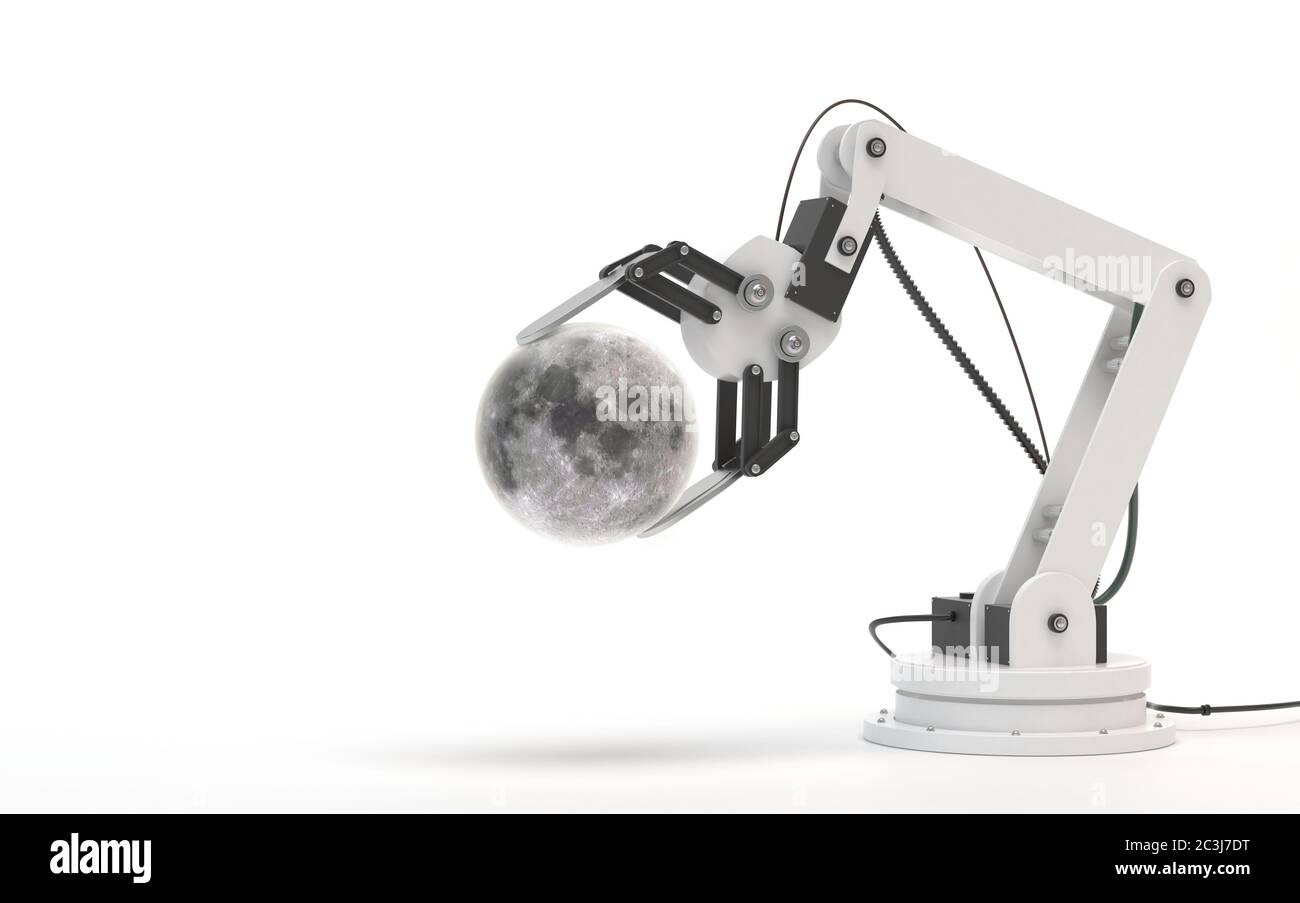Industrial robot isolated on a white background. Robotic hand holds a moon. Conceptual creative image of artificial intelligence with copy space. 3D r Stock Photo