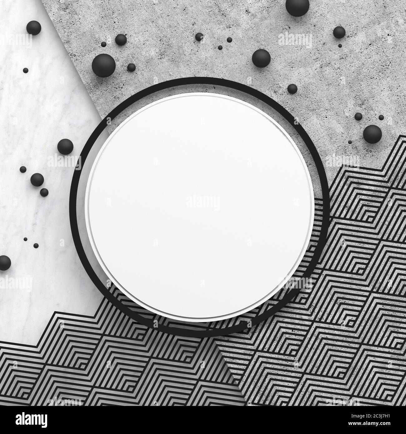 A round border frame on white marble stone and gray concrete surface with a triangular pattern. Copy space. Abstract geometric composition. 3D render. Stock Photo