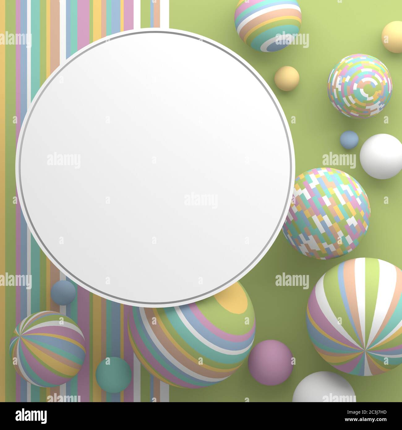 A round border frame with a copy space on white background. Abstract geometric composition in pastel colors from spheres of different sizes in colorfu Stock Photo