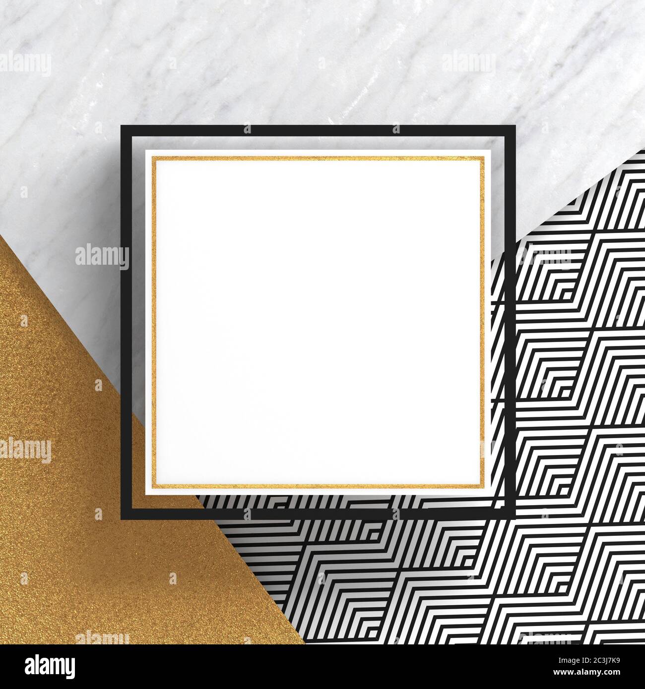 A square border frame on white marble stone and gold surface with a zigzag pattern on white background. Copy space. Abstract geometric composition. 3D Stock Photo