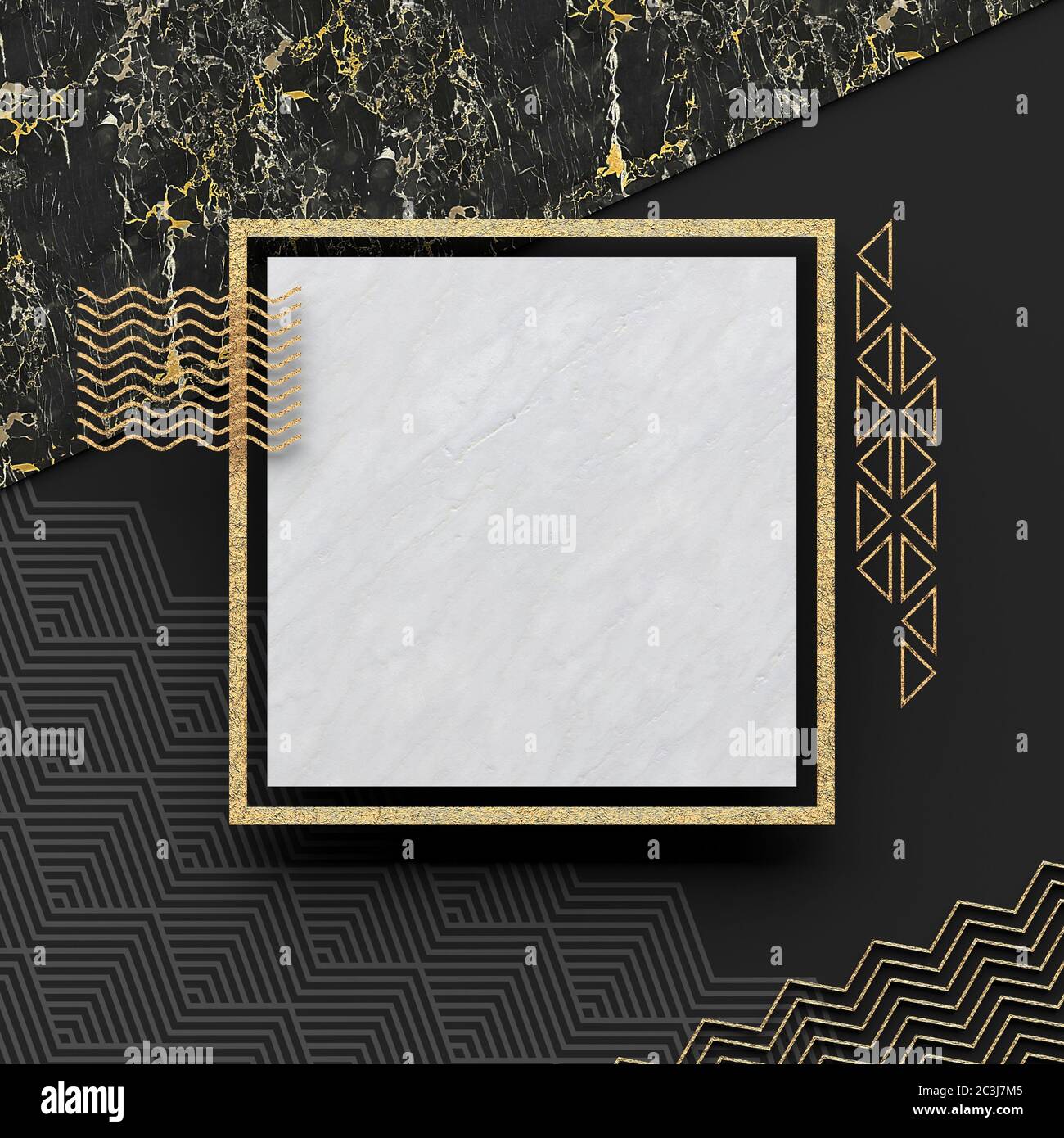 A square border frame on white marble stone with a dark background and textured gold elements. Copy space. Abstract geometric composition. 3D render. Stock Photo