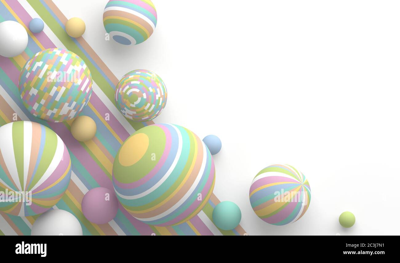 Abstract geometric composition in pastel colors from spheres of different sizes in colorful stripes. Copy space for text on a white background.  Reali Stock Photo
