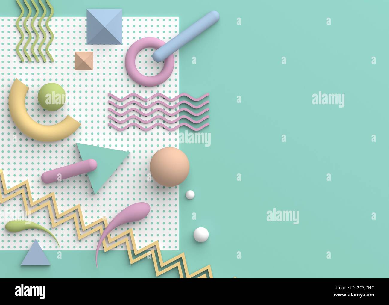 Abstract multicolored composition in pastel colors with primitive geometric shapes on turquoise background. Copy space for text.  Realistic  3D render Stock Photo