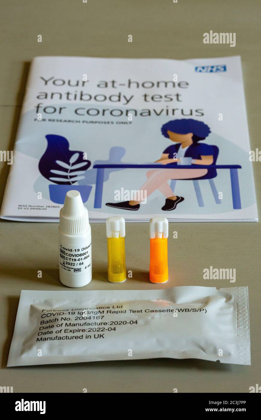 COVID-19 home antibody testing research study kit. Kit includes COVID-19 testing stick, lancets, buffer liquid, pipette, alcohol wipe. React study testing for positive IgG, IgM results or negative tests for antibodies. Stock Photo