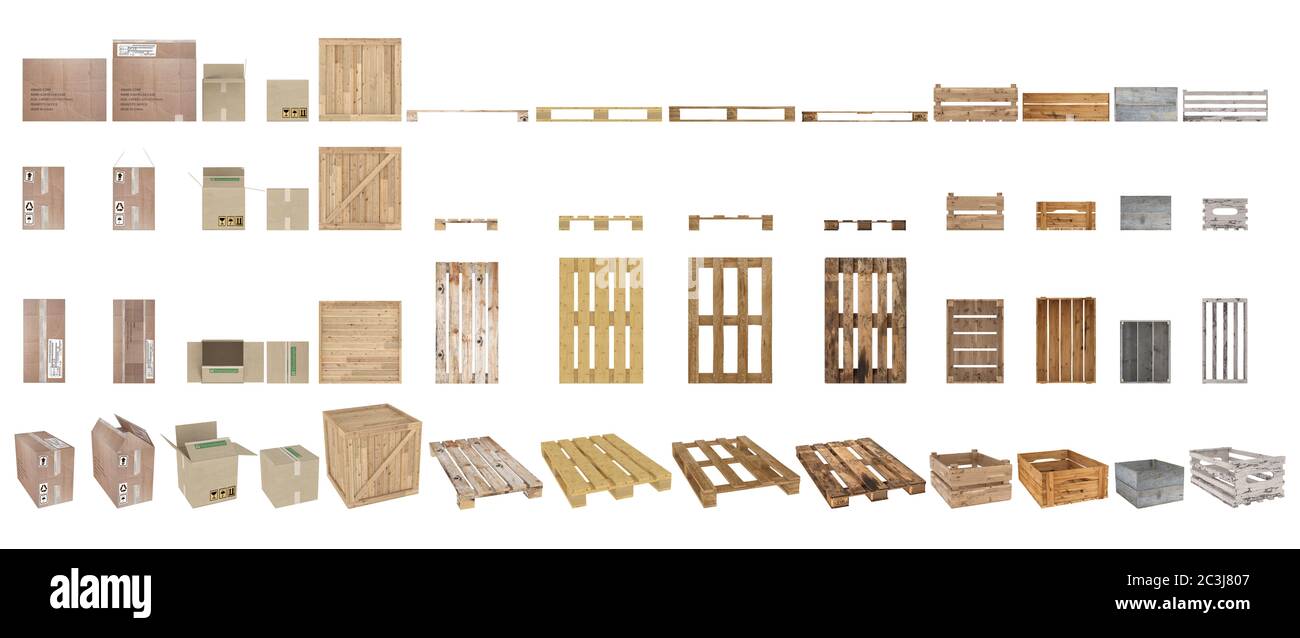 A set of pallets, boxes and cartons. Top view, side view, front view