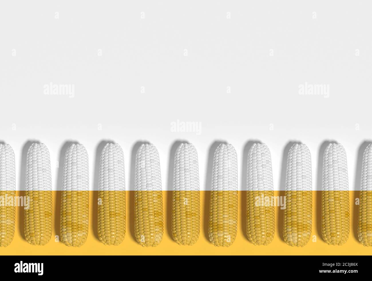 Many corn cobs lie in a row on a yellow and white cross section background. Creative idea, decorative conceptual composition. Modern Art. 3D rendering Stock Photo