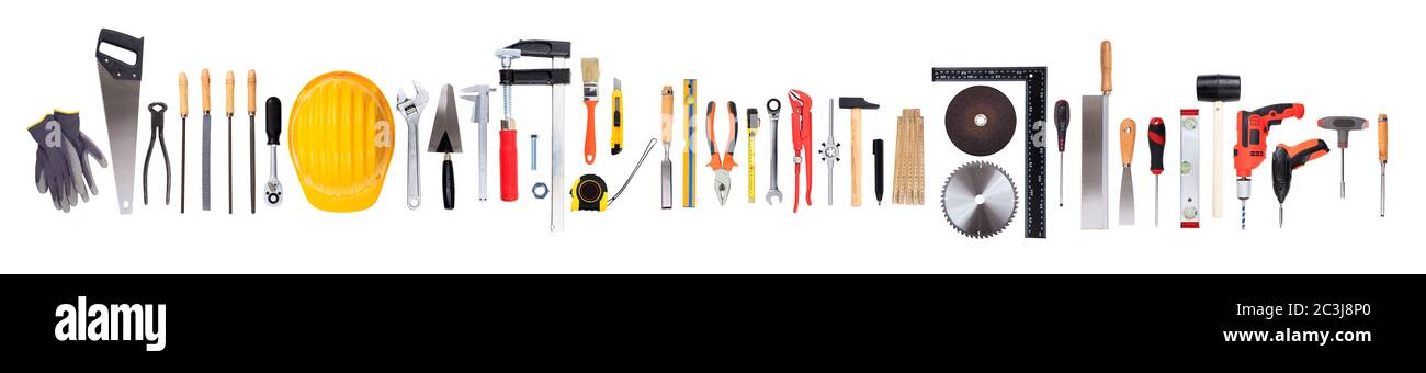Set of hand tools isolated on white background, cutout, banner, top view Stock Photo
