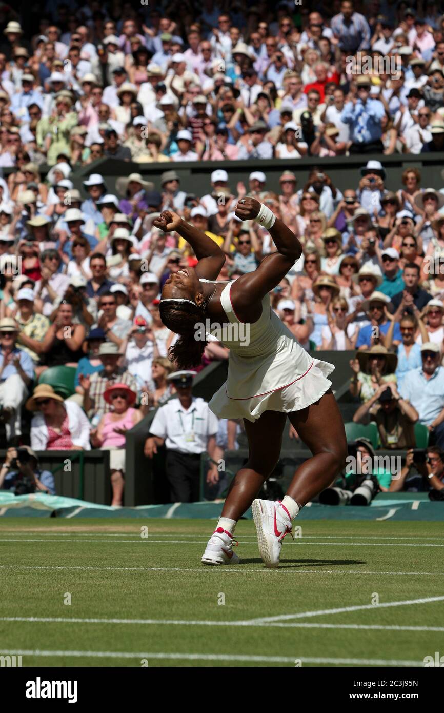 Serena Williams celebrates after winning the Women's singles final against Vera Zvonareva of Russia at Wimbledon in 2010. Stock Photo