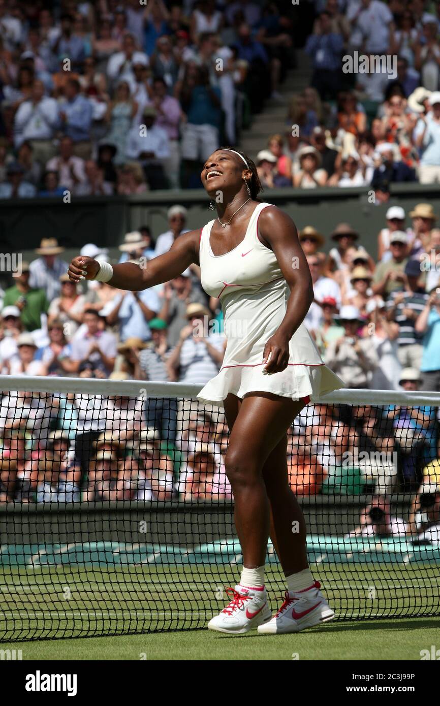 Serena Williams celebrates after winning the Women's singles final against Vera Zvonareva of Russia at Wimbledon in 2010. Stock Photo