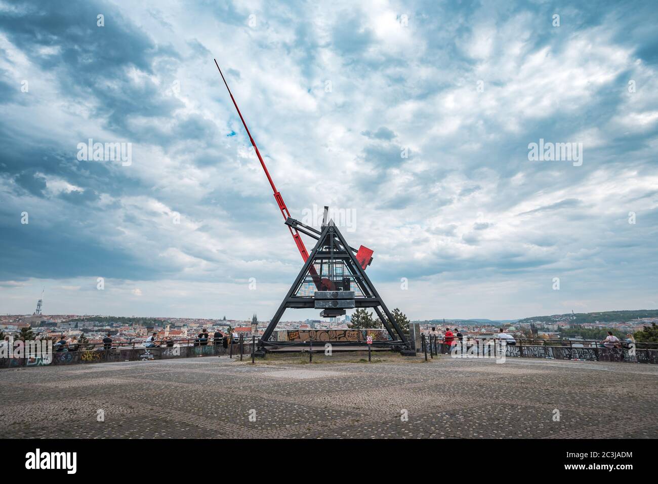 PRAGUE, CZECH REPUBLIC, APRIL 2020 - Prague giant metronome or pendulum installed on the site of the monument to the Soviet dictator Stalin The Stock Photo