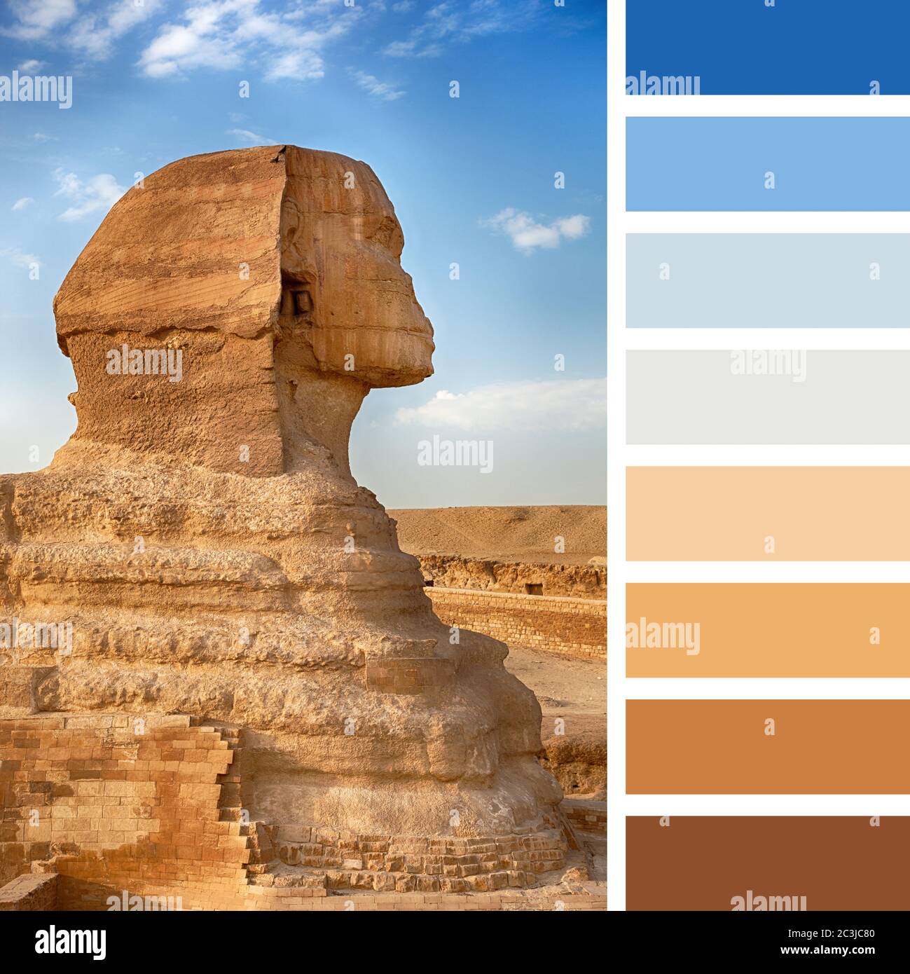 A profile view of the Sphinx, Giza, Egypt, in a colour palette with complimentary colour swatches. Stock Photo
