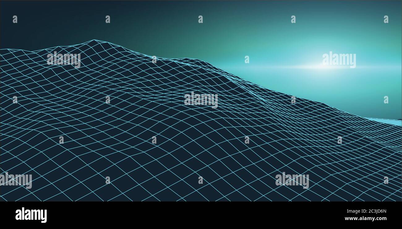 Retro background futuristic landscape 1980s style. Digital retro landscape cyber surface. Retro music album cover template sun, space, mountains . 80s Stock Vector