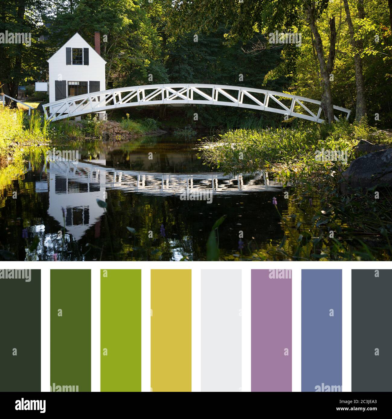 White bridge in Somesville, Maine, reflected in a pond. Colour palette with complimentary swatches. Stock Photo