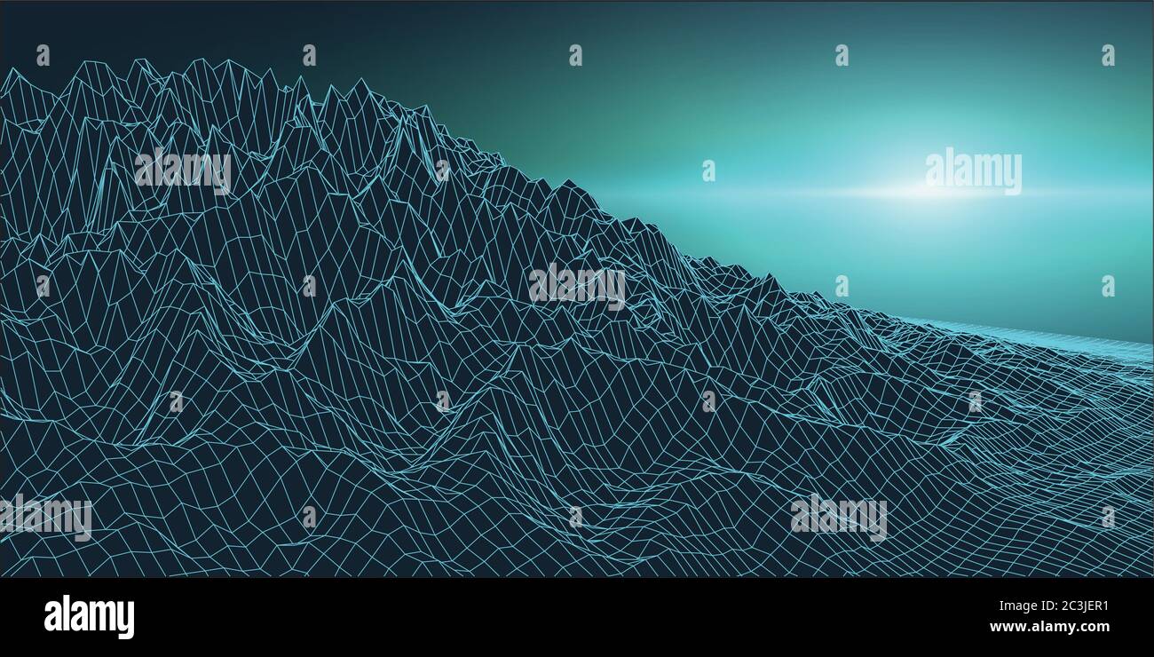 Retro background futuristic landscape 1980s style. Digital retro landscape cyber surface. Retro music album cover template sun, space, mountains . 80s Stock Vector