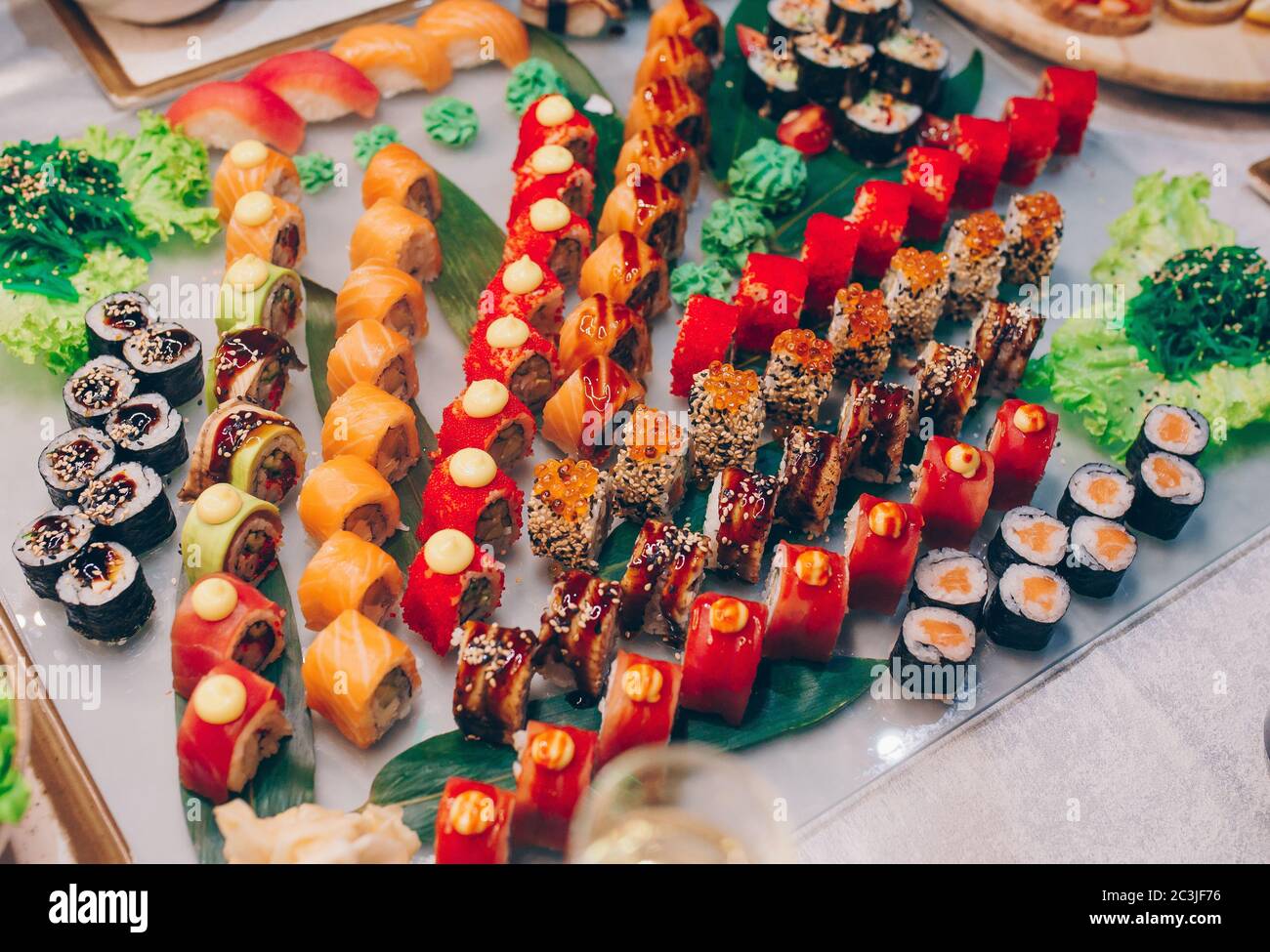 Large set of Sushi Rolls Warm Ebi Sake Unagi Spring. Assortment ...