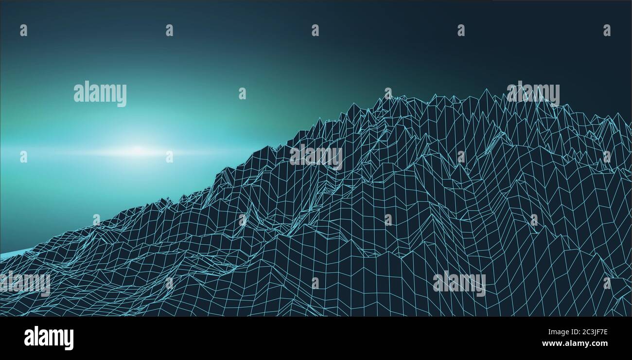Retro background futuristic landscape 1980s style. Digital retro landscape cyber surface. Retro music album cover template sun, space, mountains . 80s Stock Vector