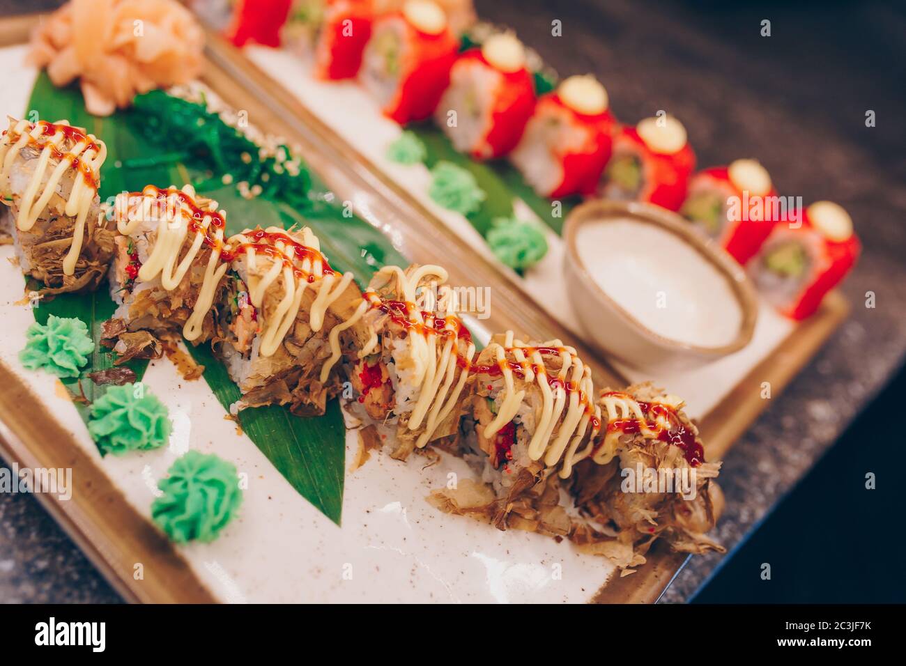 Large set of Sushi Rolls Warm Ebi Sake Unagi Spring. Assortment ...