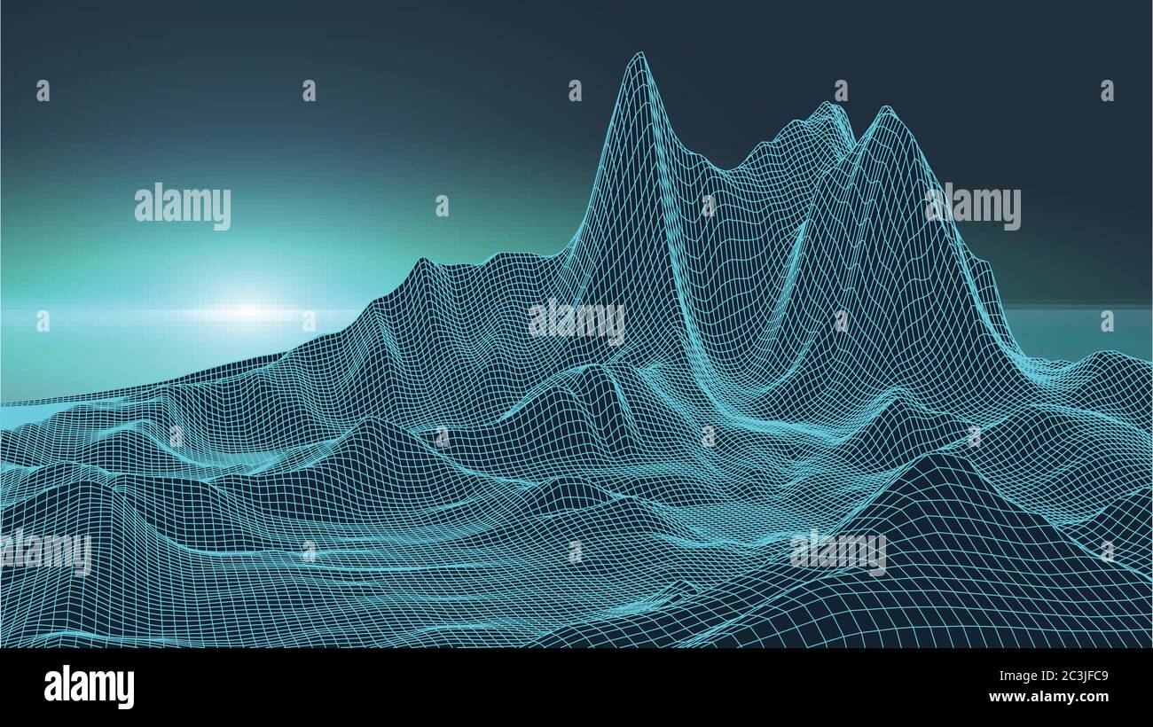 Retro background futuristic landscape 1980s style. Digital retro landscape cyber surface. Retro music album cover template sun, space, mountains . 80s Stock Vector