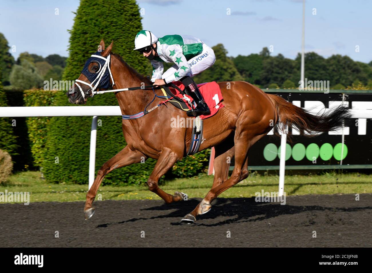 Sonnet Rose ridden by Will Carver wins the Unibet Extra Place Offers Every Day Handicap at Kempton Park Racecourse. Stock Photo