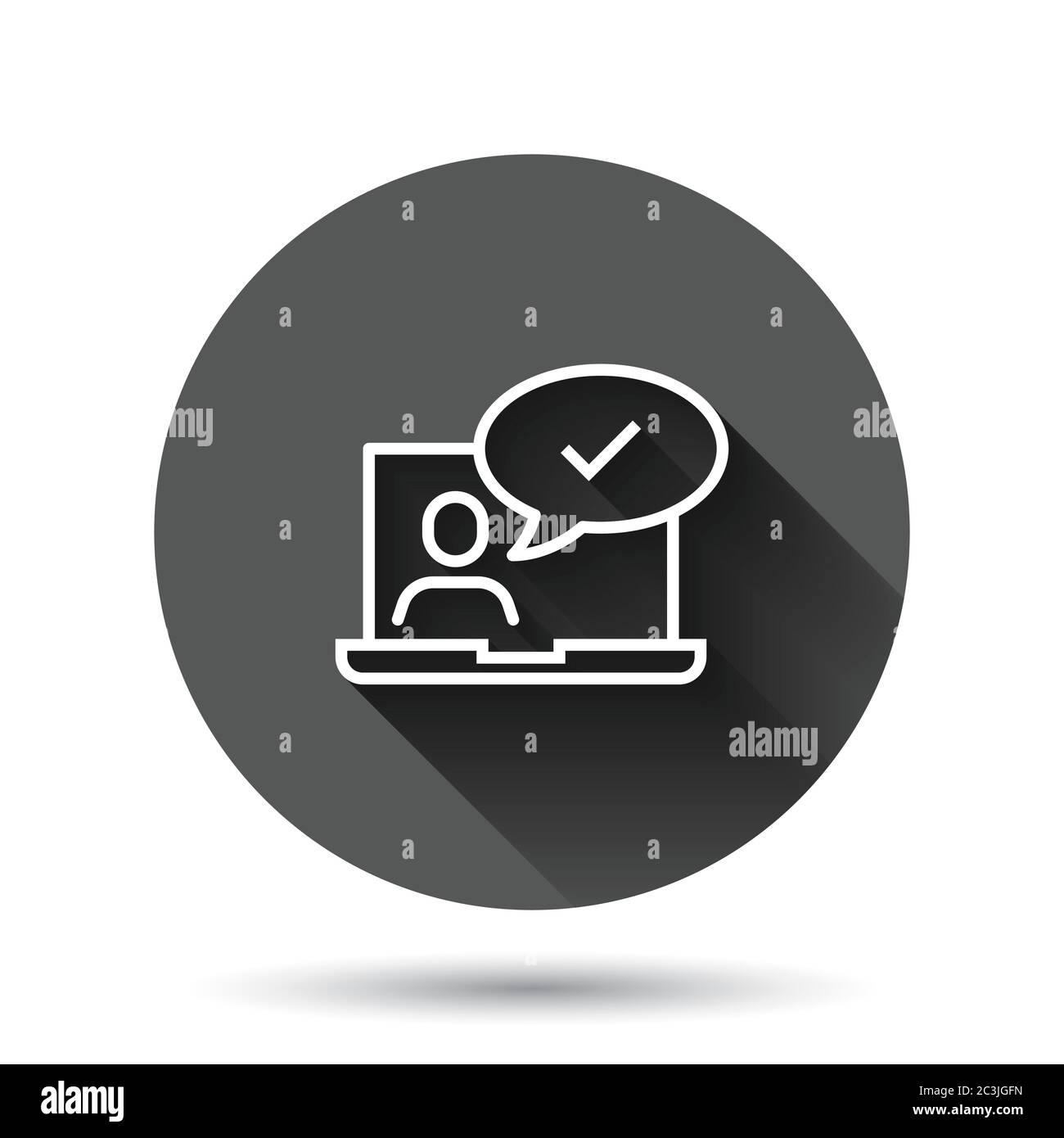 People with laptop computer icon in flat style. Pc user check mark ...