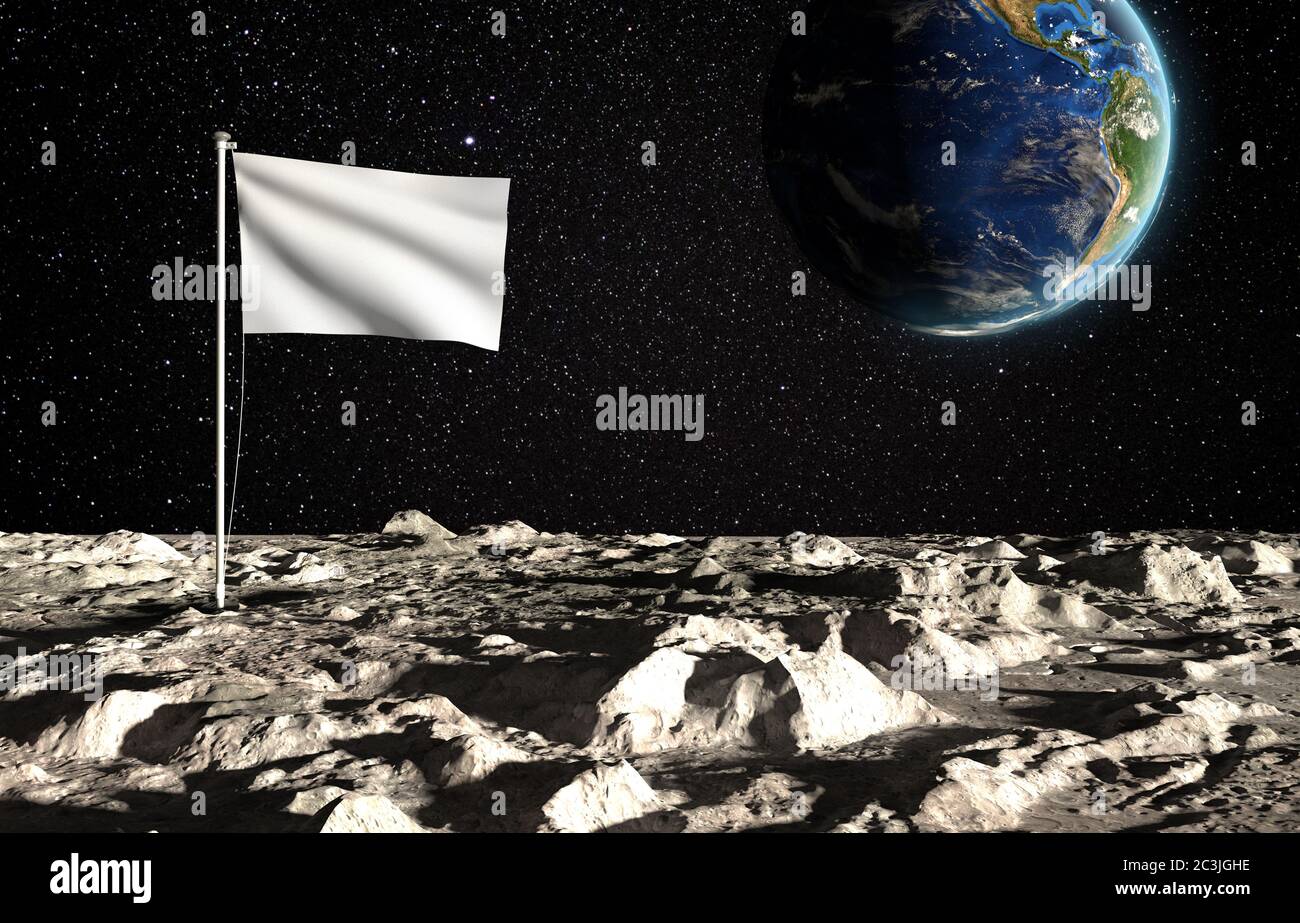 The surface of the moon with a blank state flag and the planet Earth on a background of the starry sky. Creative conceptual illustration. 3D rendering Stock Photo