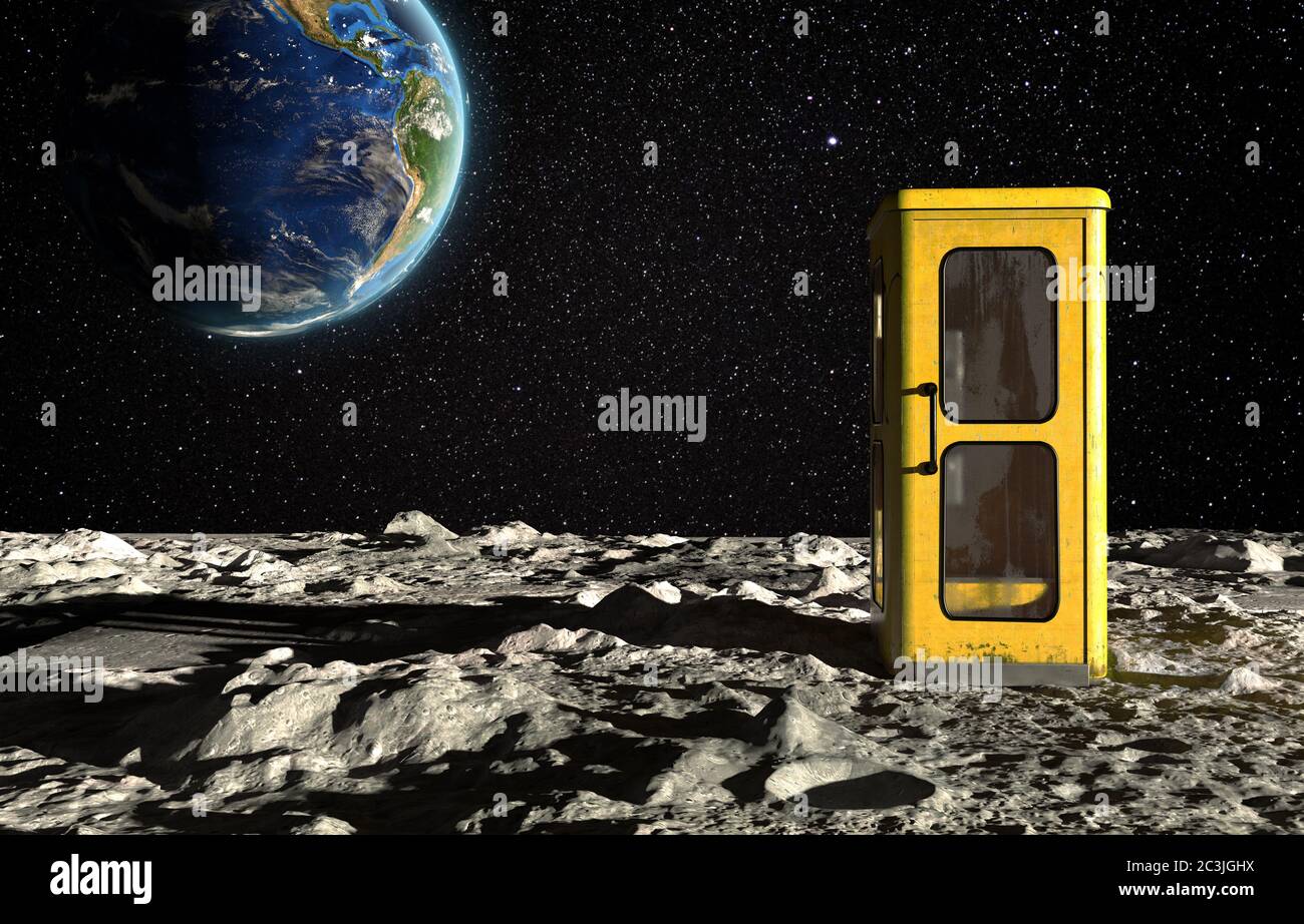 The surface of the moon with a phone booth and the planet Earth on a background of the starry sky. Creative conceptual 3D rendering illustration. Fant Stock Photo
