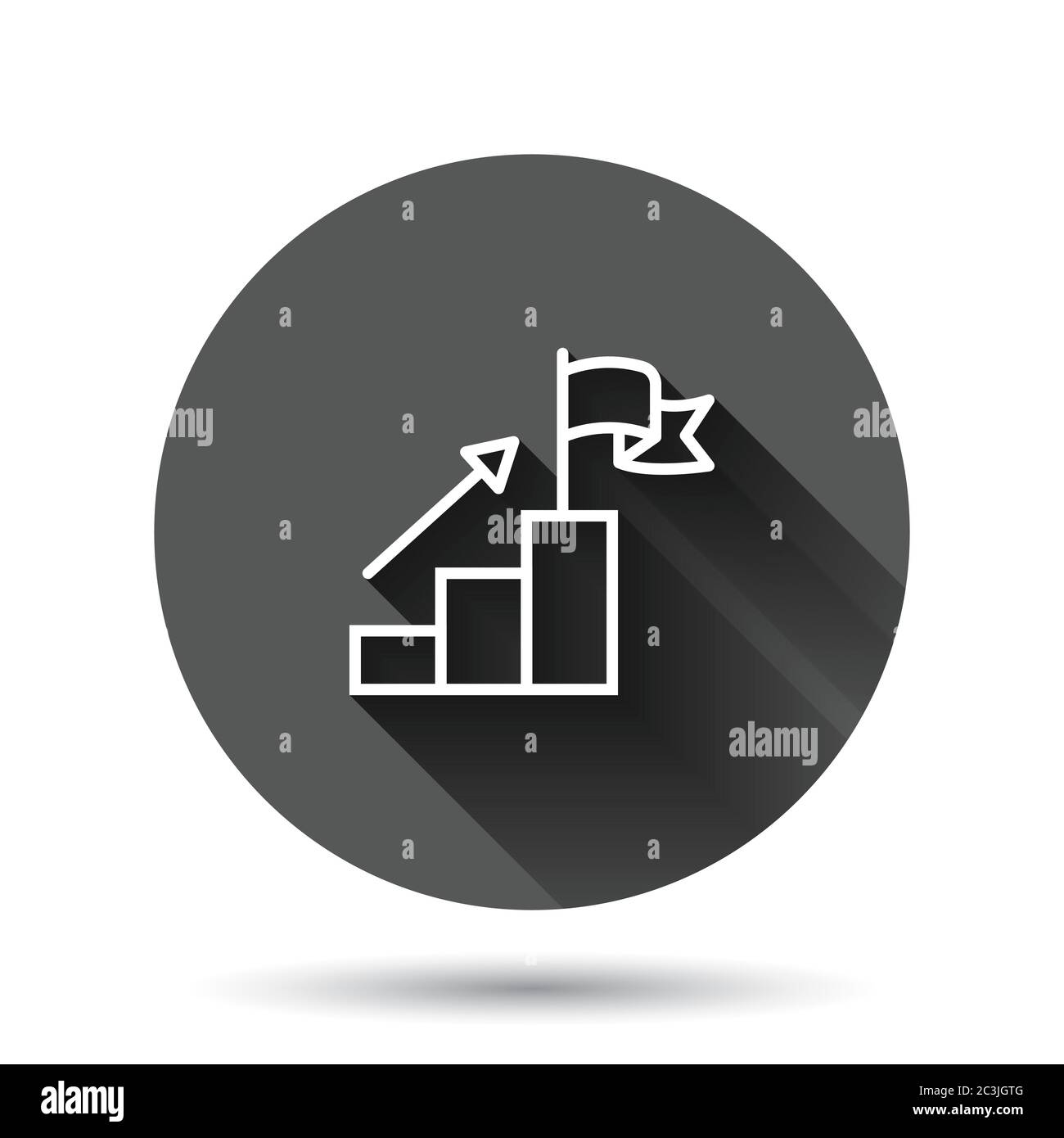 Stair with finish flag icon in flat style. Leadership challenge vector illustration on black round background with long shadow effect. Career growth c Stock Vector