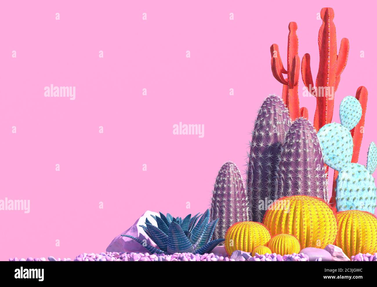 Decorative composition of groups of different species of multicolored cacti on pink background. Contemporary art. Сopy space. 3D rendering. Stock Photo