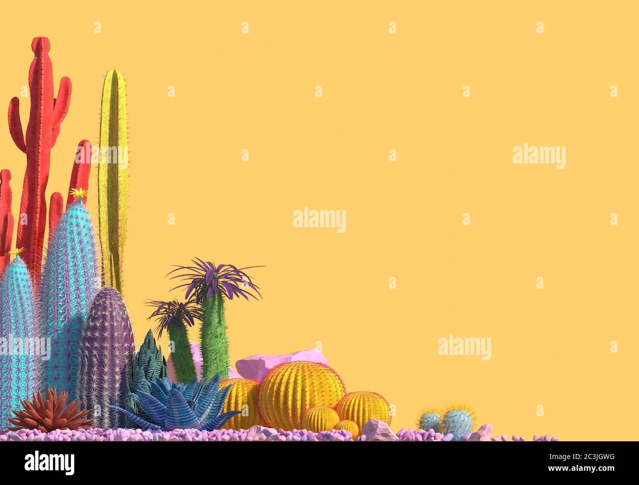 Decorative composition of groups of different species of multicolored cacti on yellow background. Contemporary art. Сopy space. 3D rendering. Stock Photo