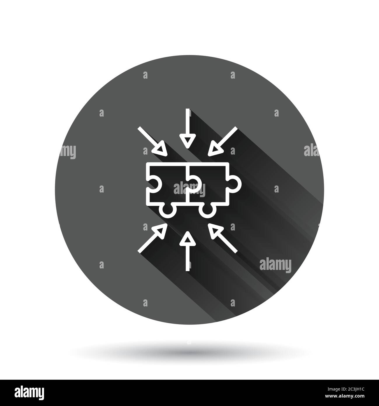 Puzzle jigsaw icon in flat style. Solution compatible vector illustration on black round background with long shadow effect. Combination circle button Stock Vector