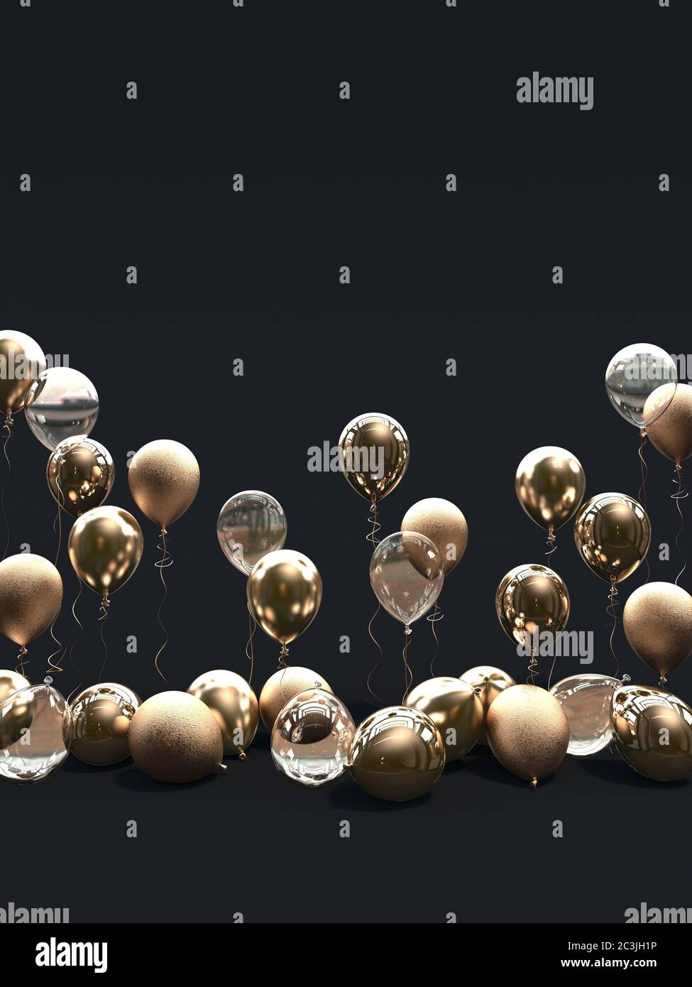 A lot of golden balloons on a black background. Matte, glossy and  transparent balloons. 3D render Stock Photo - Alamy