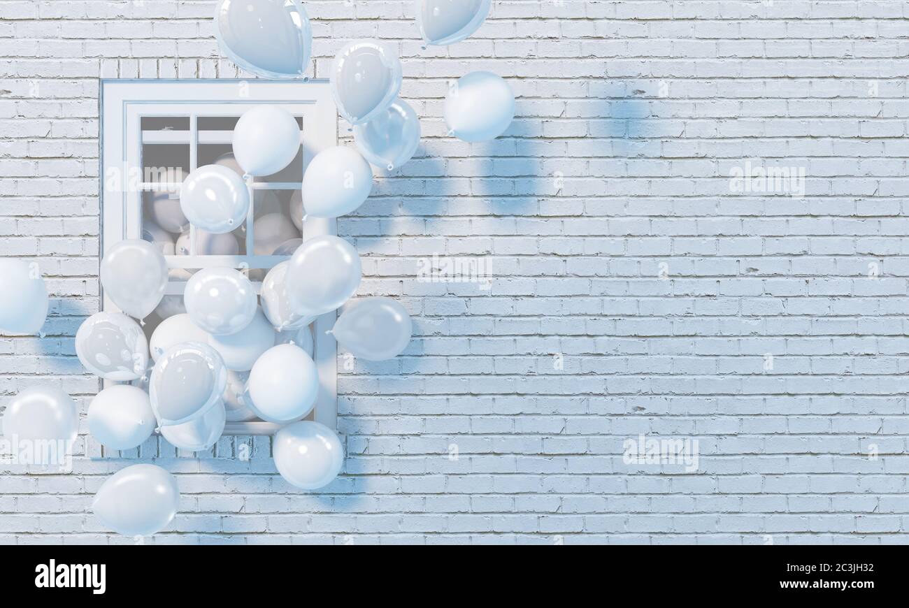 Many white balloons fly out from an open window on the background of a white brick wall. Illustration in monochrome white color. Copy space. 3D render Stock Photo