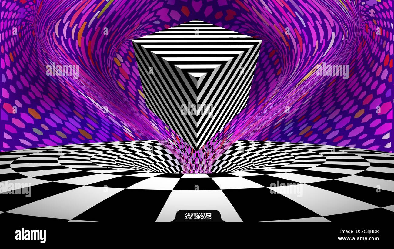Optical illusion cube. retro op art purple background wave. Vector Illustration. Stock Vector