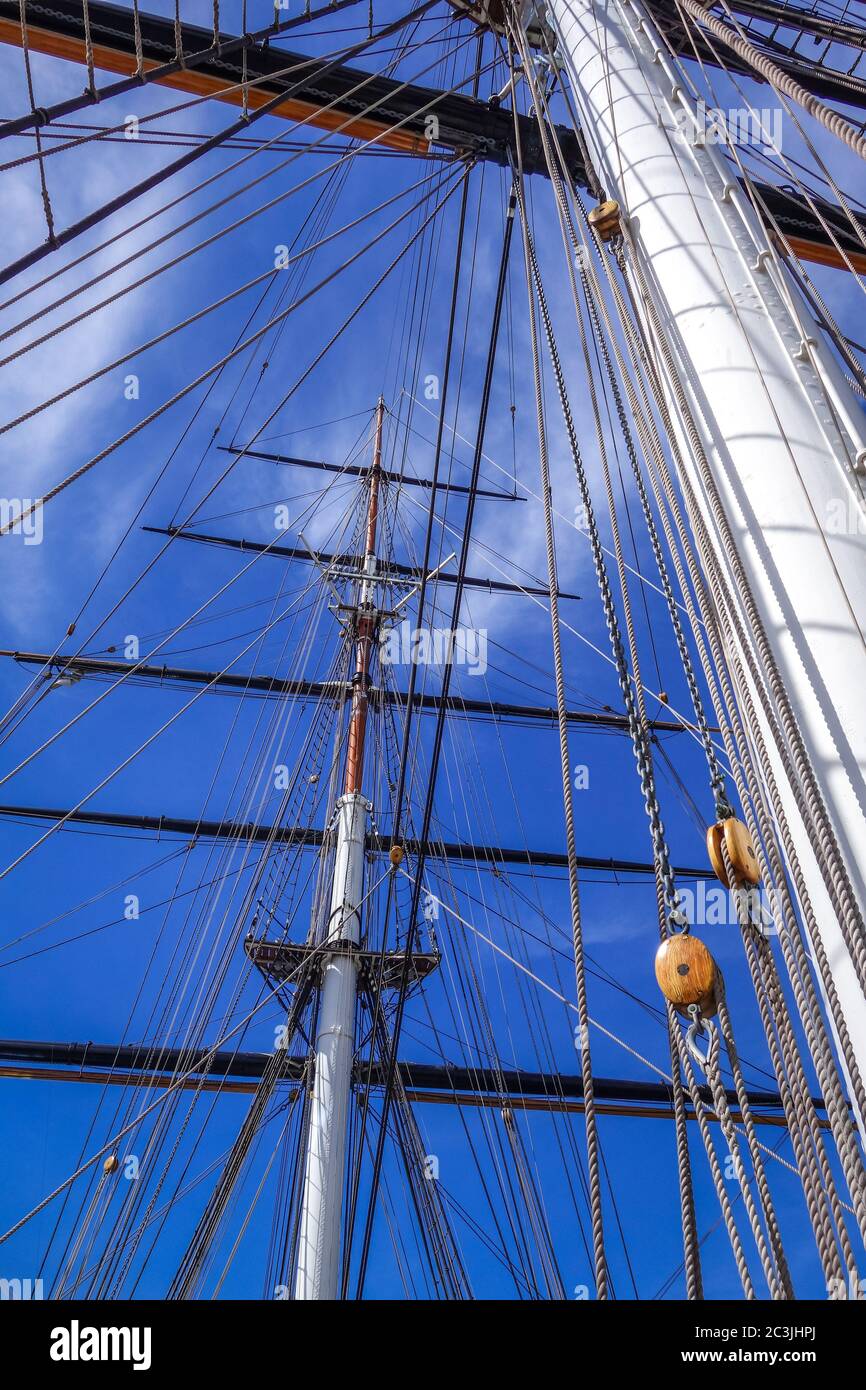 Old naval ship mast and sail ropes detail Stock Photo - Alamy