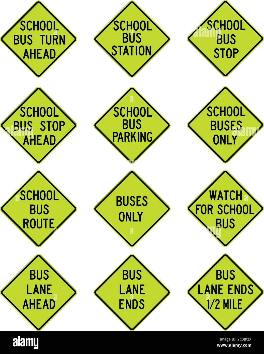School Bus Road Signs, Turn Ahead, Station, Stop, Parking, Buses Only