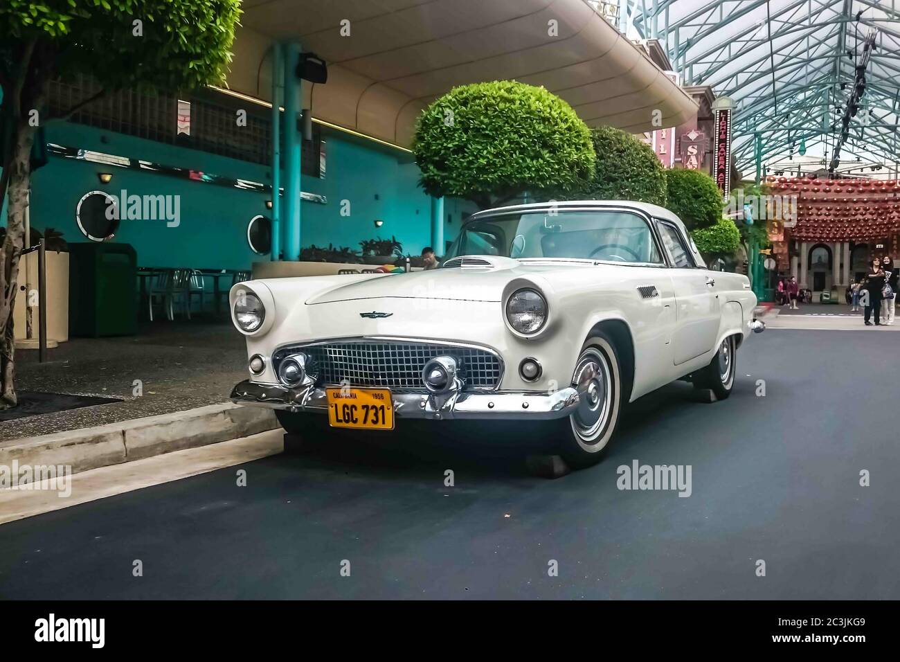 Singapore - May 25, 2019: Ford thunderbird 1957 in white color parked on the street. Left front side view Stock Photo