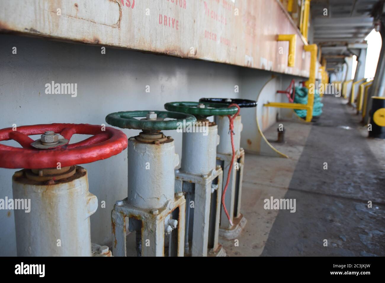 Valves for opening and closing fuel and ballast tanks on the main deck of merchant container ship Stock Photo