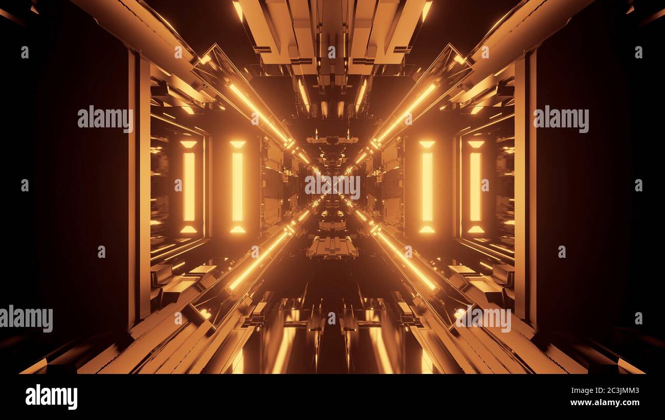 Abstract illustration of geometric shapes with glowing golden lights ...
