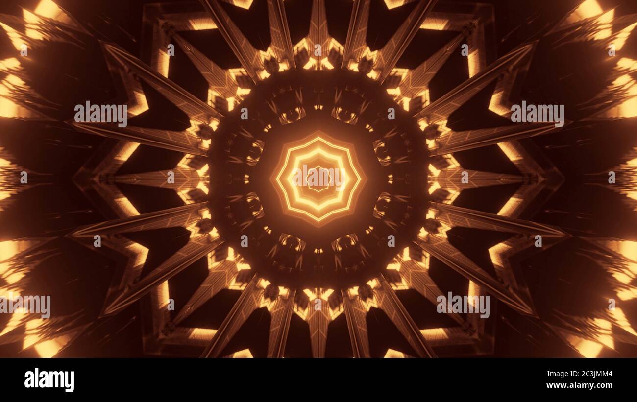Abstract illustration of geometric shapes with glowing golden lights ...