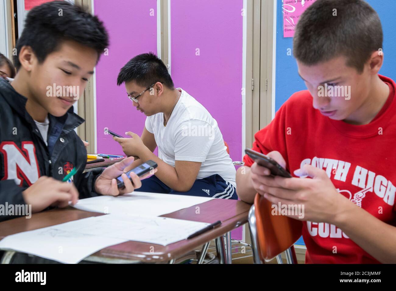 High school students working together in a classroom Stock Photo