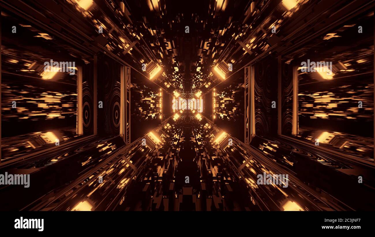 Abstract illustration of geometric shapes with glowing golden lights ...