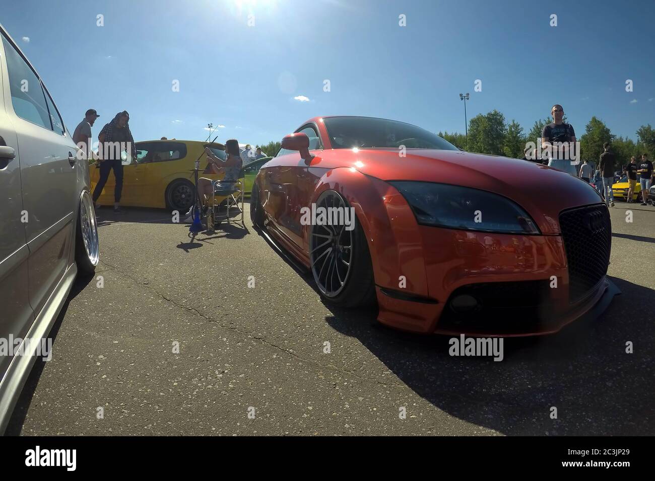 Moscow, Russia - June 01, 2019: Red modified Audi TT parked on the street. Car tuned by low air suspension, custom wheels and fenders Stock Photo