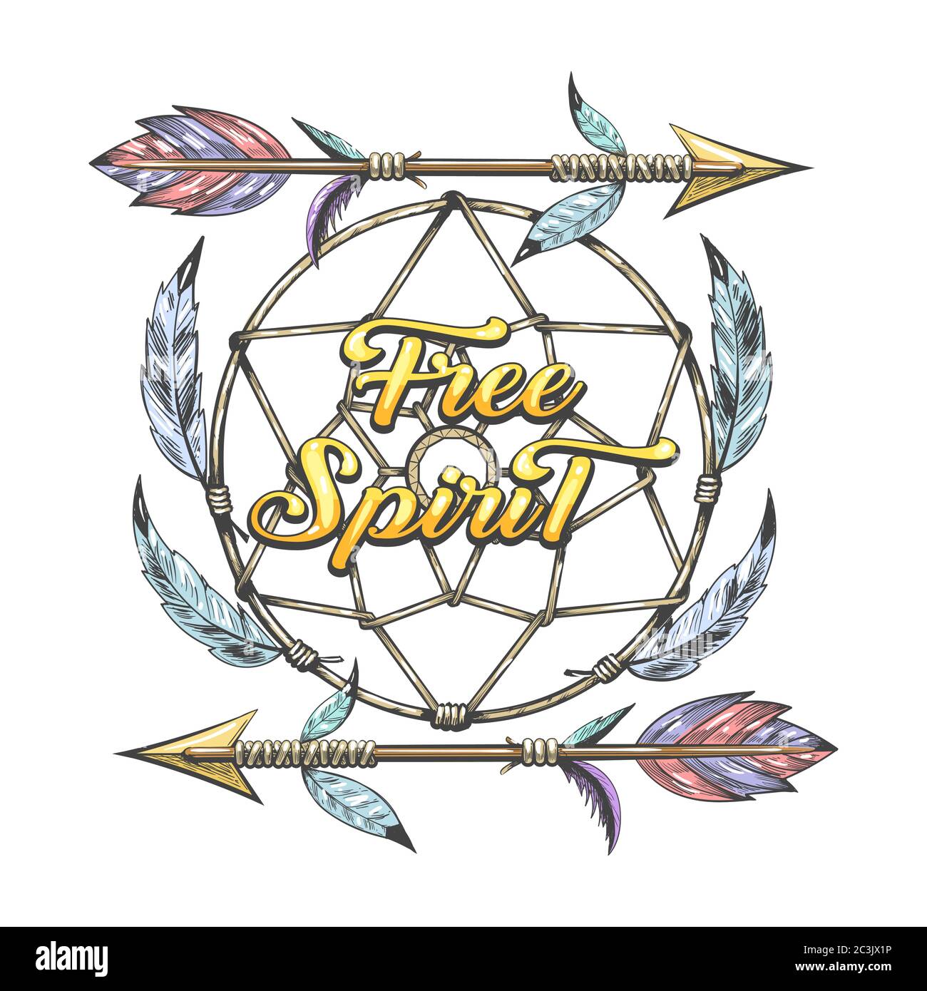 Hand drawn illustration of dream catcher and arrows with lettering Free Spirit. Native American Tribal Theme Tattoo. Vector illustration. Stock Vector