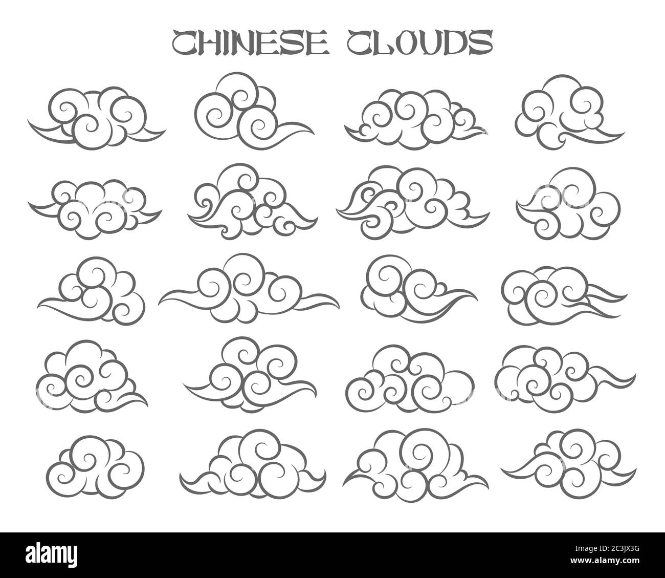 Collection of Hand Drawn Asian Clouds. Vector illustration. Stock Vector
