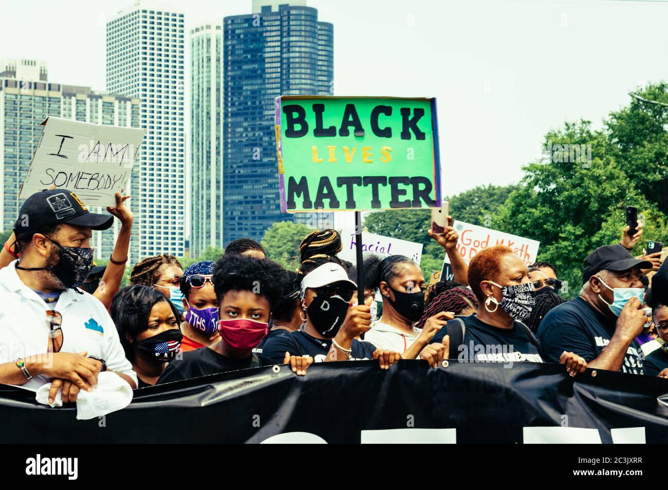 Grant Park, Chicago-June 19, 2020: Juneteenth Celebration. Community leaders and citizens meet downtown at a rally. Stock Photo