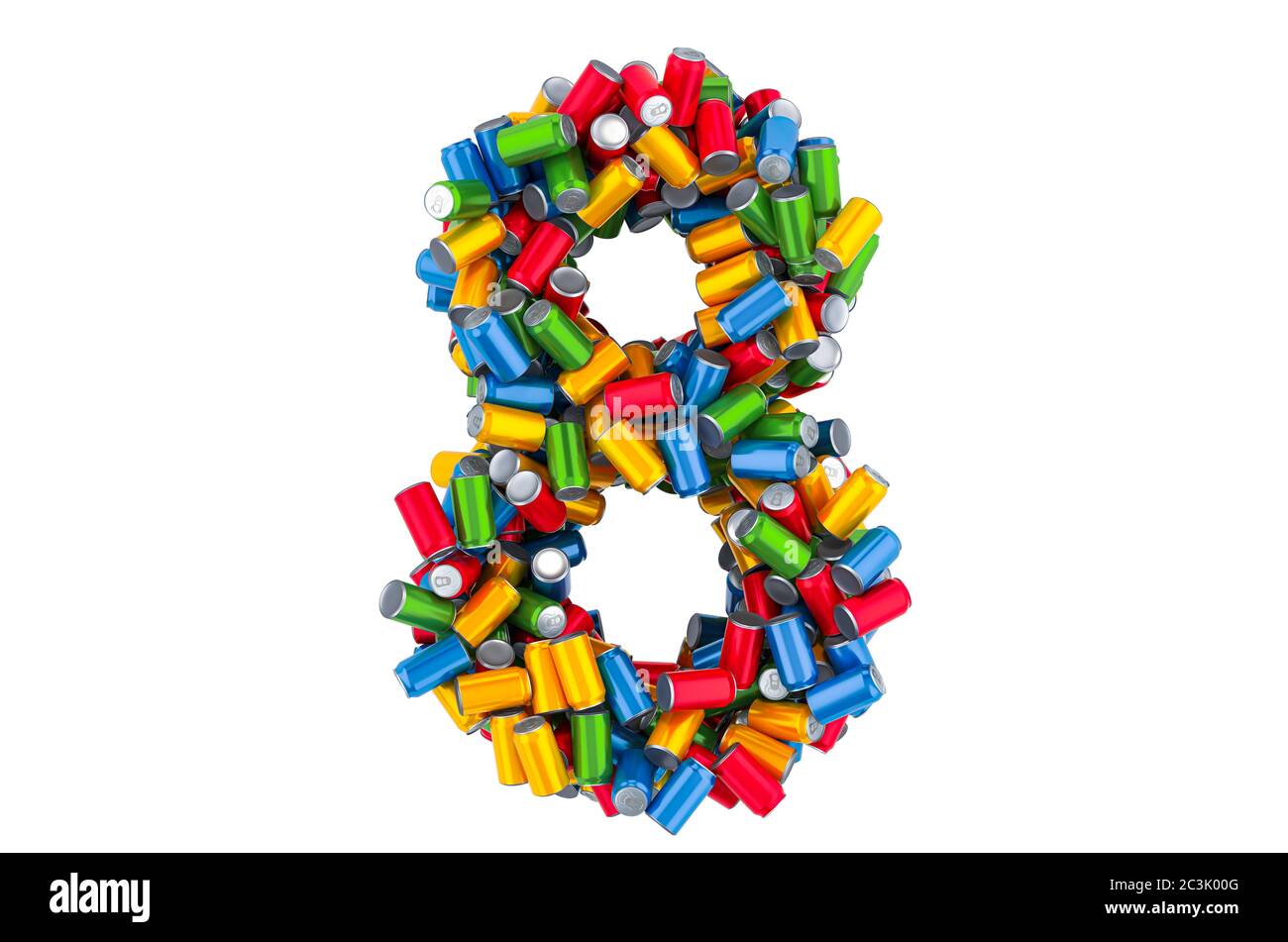 Number 8 from colored metallic drink cans, 3D rendering isolated on ...