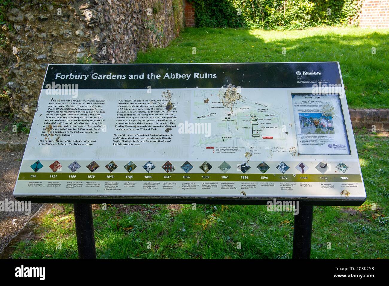 Reading, Berkshire, UK. 23rd April, 2015. A  history board about Forbury Gardens and the Abbey Ruins in Reading Town Centre, Reading, Berkshire. Credit: Maureen McLean/Alamy Stock Photo