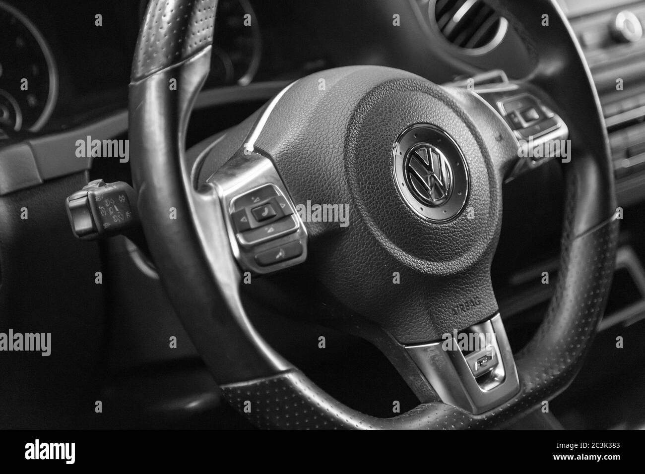 Moscow. November 2018. Multifunctional steering wheel Volkswagen. R-line. Leather. With paddle shifters and buttons to control the cruise control, music, phone. Stock Photo