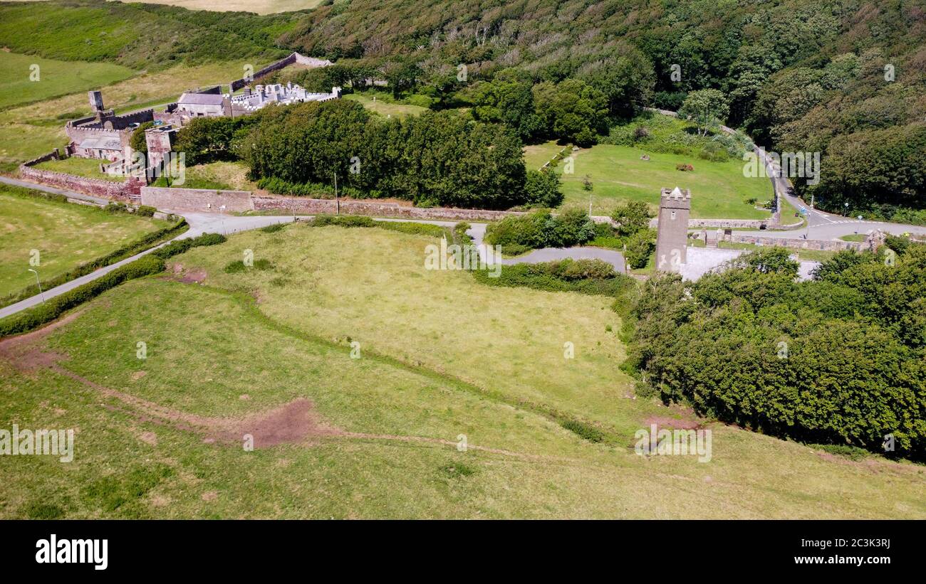 Aerial View of Dale Castle and Church, Pembrokeshire Wales, UK Stock Photo