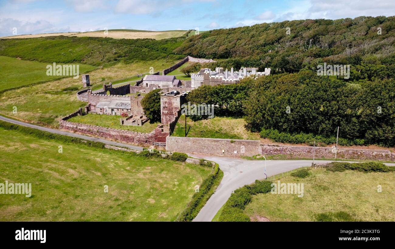 Aerial View of Dale Castle and Church, Pembrokeshire Wales, UK Stock Photo